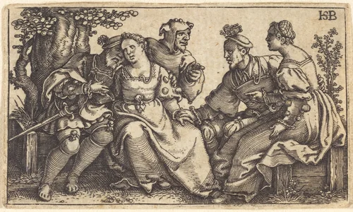 Two Couples and a Fool by Sebald Beham, print, 1535