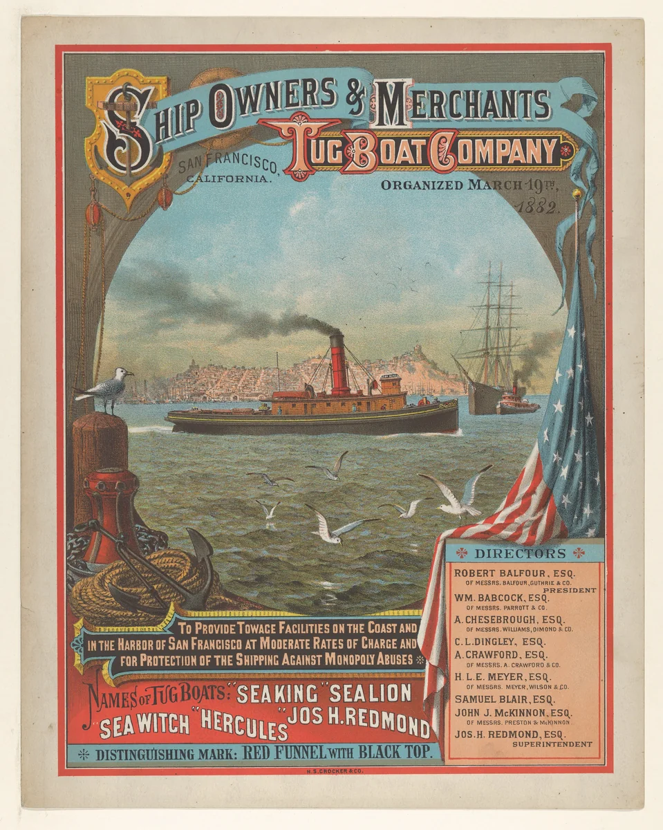 Ship Owners and Merchant Tug Boat Company by Emmanuel Wyttenbach, print, 1882