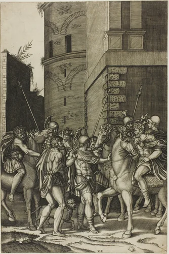 Emperor Freeing the Slave Androcles by Agostino dei Musi, print, 1511-1521