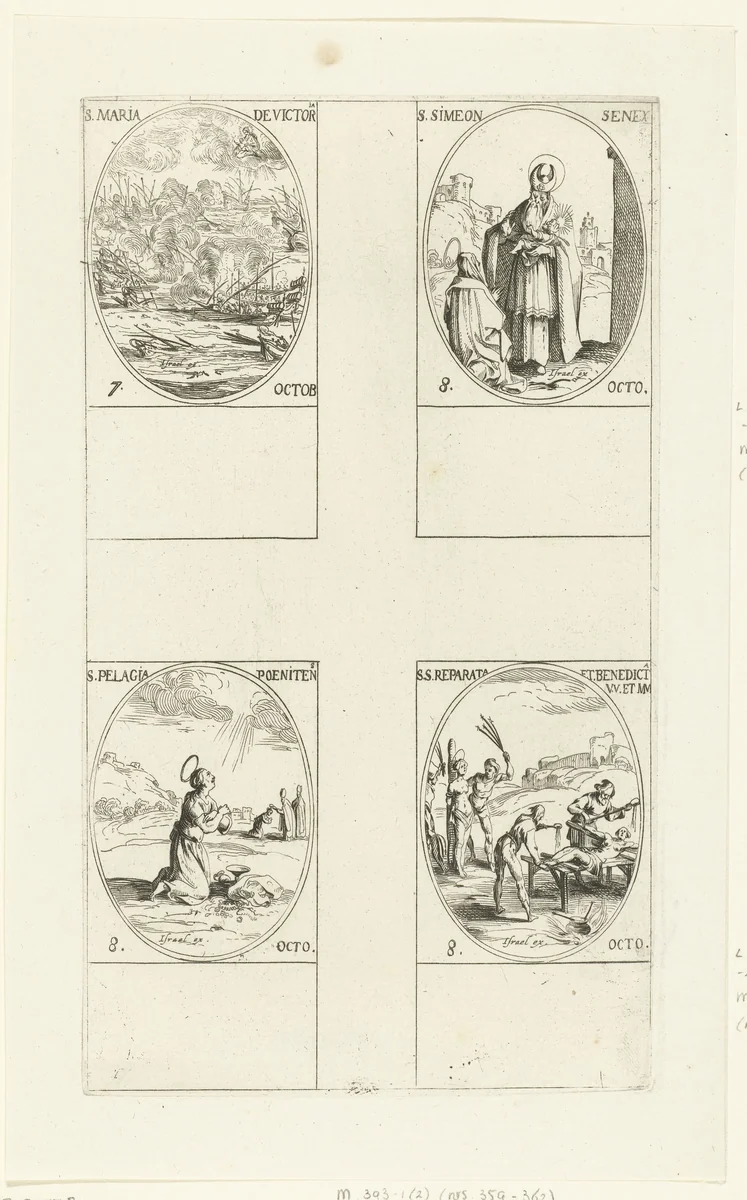 Slag bij Lepanto (Maria-Overwinning), Heilige Simeon Senex van Jeruzalem, Heilige Pelagia van Antiochië, Heilige Reparata van Caesarea en Heilige Benedicta van Laon (7-8 oktober) by Jacques Callot, print, 1632-1636
