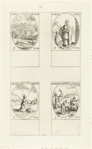 Slag bij Lepanto (Maria-Overwinning), Heilige Simeon Senex van Jeruzalem, Heilige Pelagia van Antiochië, Heilige Reparata van Caesarea en Heilige Benedicta van Laon (7-8 oktober) by Jacques Callot, print, 1632-1636