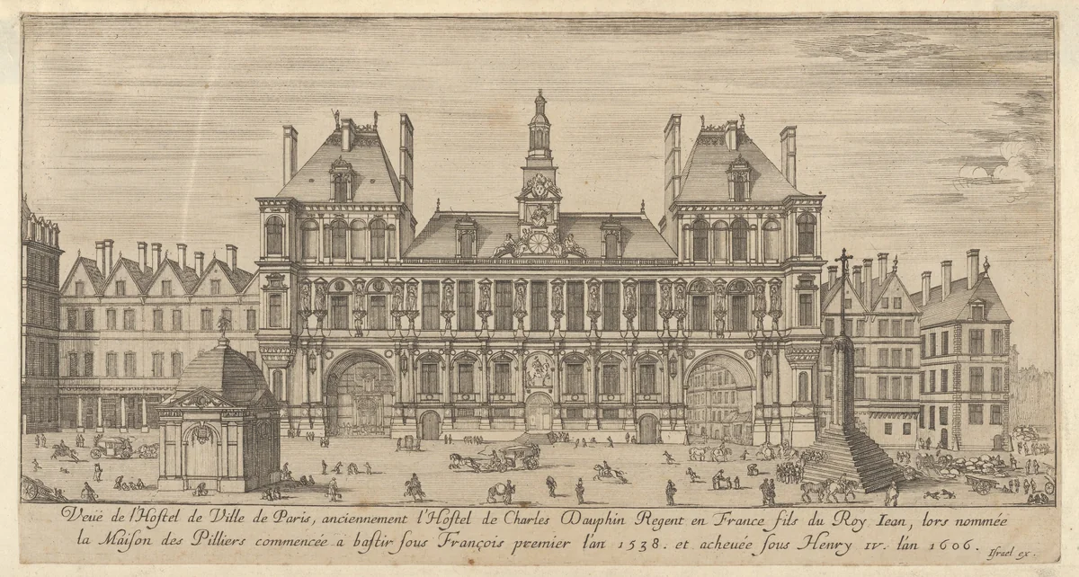 View of the façade of the Hôtel de Ville, Paris, in the foreground a cross on a stepped platform and a freestanding domed building by Israel Silvestre, print, 1636-1691