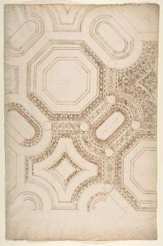Palazzo Pontifici, Sala Regia, coffer panels, reflected ceiling plan (recto) blank (verso) by anonymous, drawing, 1500-1560