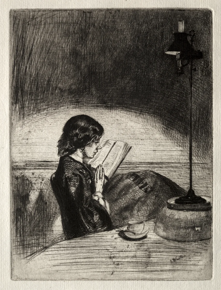Reading by Lamplight by James McNeill Whistler, print, 1859