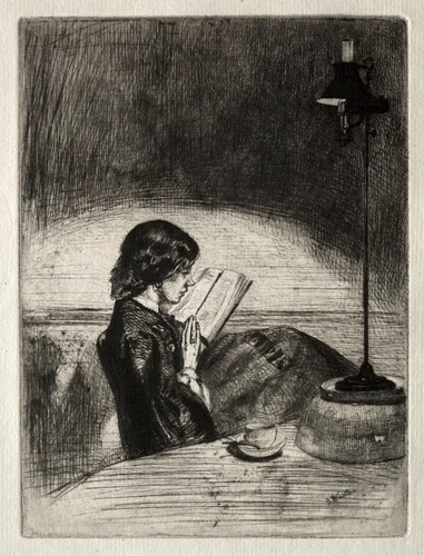 Reading by Lamplight by James McNeill Whistler, print, 1859