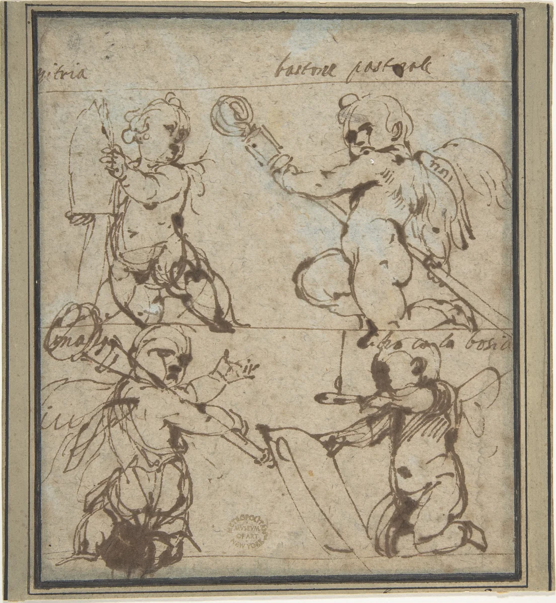 Putti with a Mitre, Crosier Mace, Book, and Candle by Daniele Crespi, drawing, 1597-1630