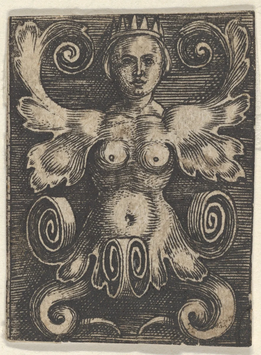 Vertical Panel with a Half-Length Female with Leaves as Arms by Jacob Binck, print, 1520-1561