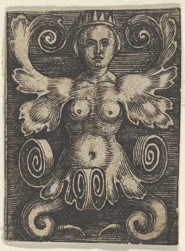 Vertical Panel with a Half-Length Female with Leaves as Arms by Jacob Binck, print, 1520-1561