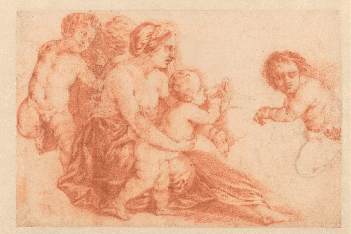 Vrouw met verschillende kinderen by Godfried Schalcken, drawing, 1653-1706
