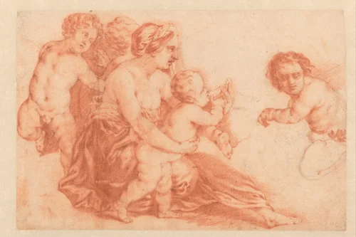 Vrouw met verschillende kinderen by Godfried Schalcken, drawing, 1653-1706