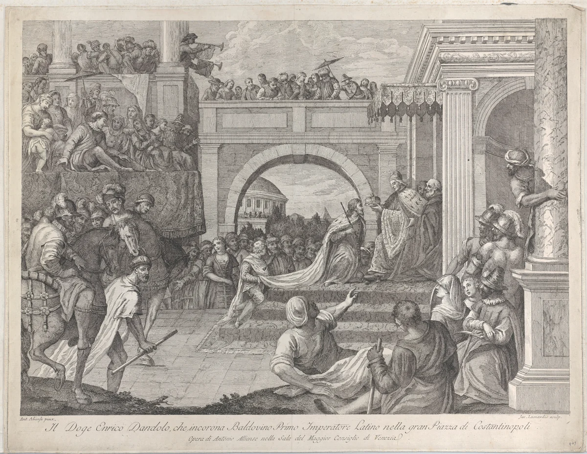 Doge Enrico Dandolo crowns Baldovino the first emperor of the Latin Empire of Constantinople by Giacomo Leonardis, print, 1745-1794