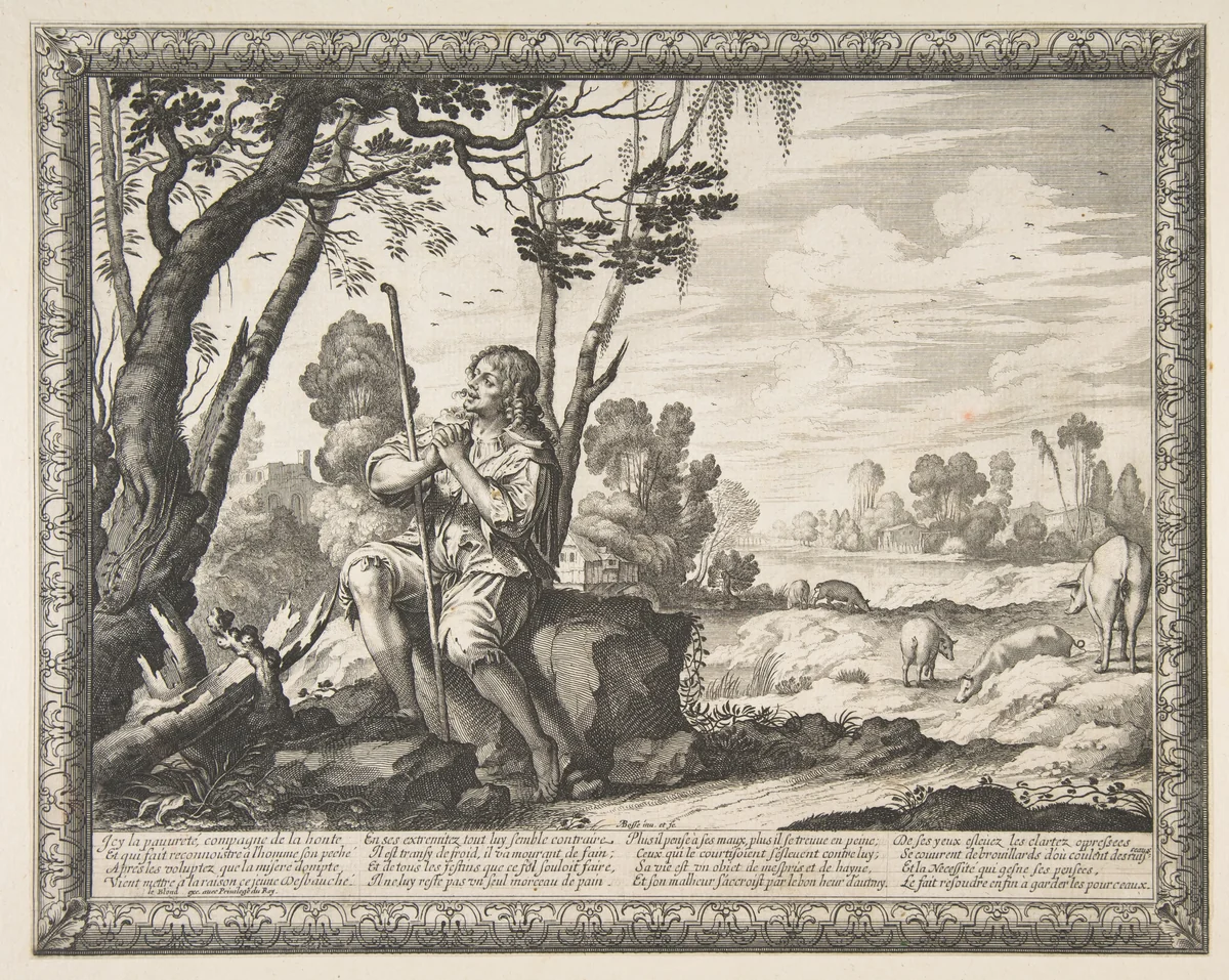 The Prodigal Son Guarding Pigs (L'Enfant prodigue garde les cochons) by Abraham Bosse, print, 1631-1641