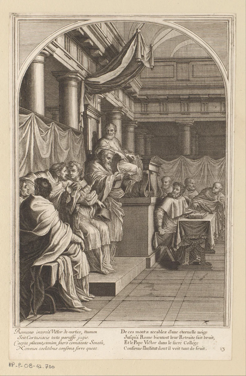 Paus Victor III bevestigt de orde der Kartuizers by François Chauveau, print, 1623-1676