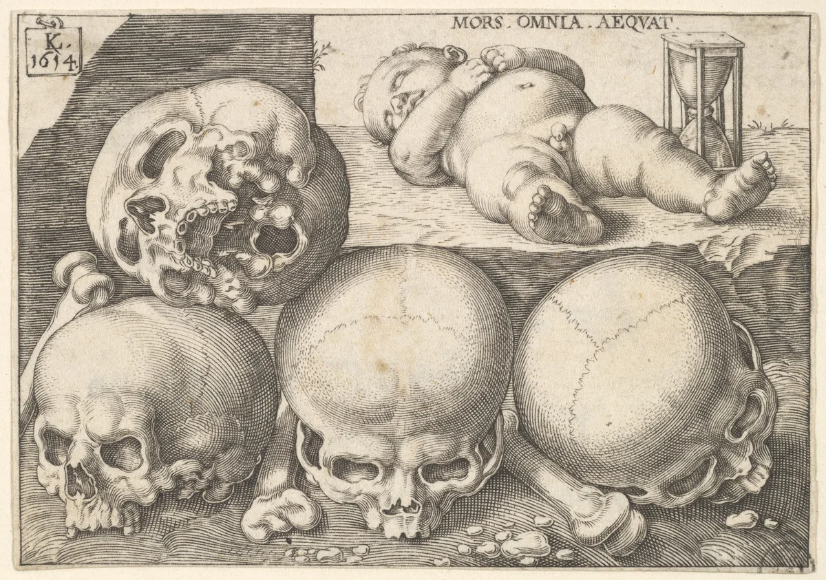 Sleeping Child with Four Skulls (reverse copy) by Lucas Kilian, print, 1595-1637