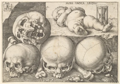 Sleeping Child with Four Skulls (reverse copy) by Lucas Kilian, print, 1595-1637