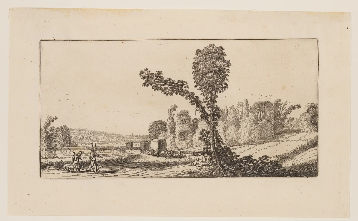 Landscape with Hunters and Hay-Carts, from Six Landscapes by Jan van de Velde, print, 1613-1640
