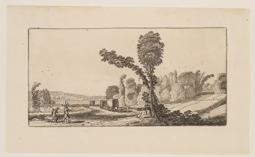 Landscape with Hunters and Hay-Carts, from Six Landscapes by Jan van de Velde, print, 1613-1640
