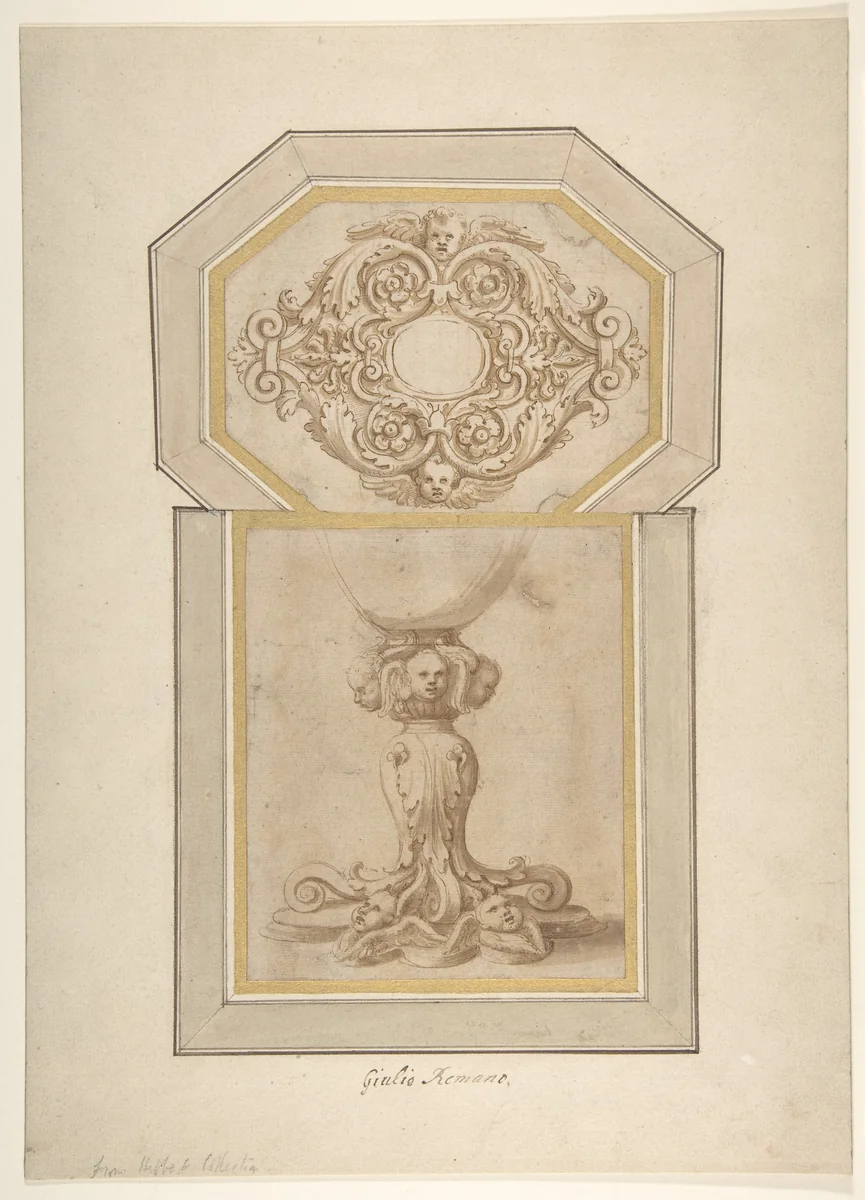 Design for a Sculptural Frame Decorated with Angel Heads, Volutes and Leaves (for a Ceiling ?); Design for a Base Decorated with Angel Heads, Volutes and Leaves by Giulio Romano, drawing, 1510-1546