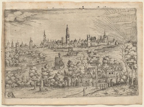 View across a River to a Walled City at Sunset by Master CR, print, 1540-1549