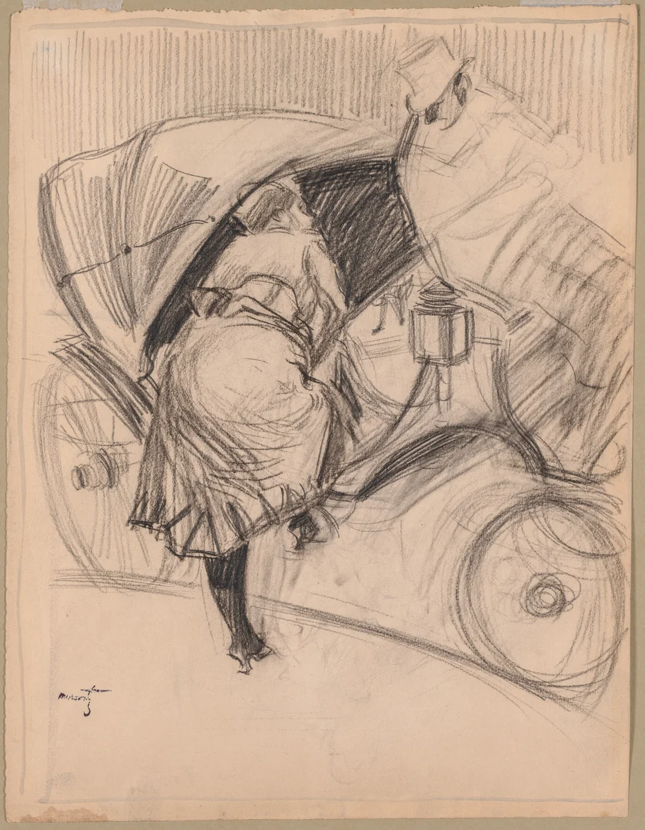 Woman Entering a Fiacre (recto) by Jean-Louis Forain, drawing, 1875-1899