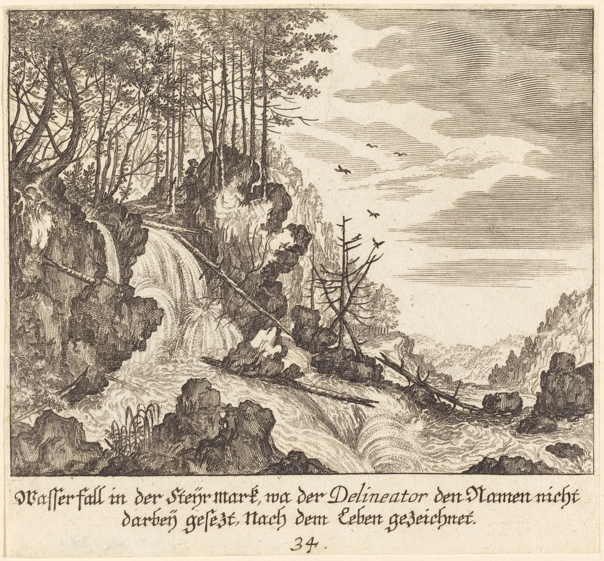 Waterfall by Melchior Küsel; Johann Wilhelm Baur, print, 1681