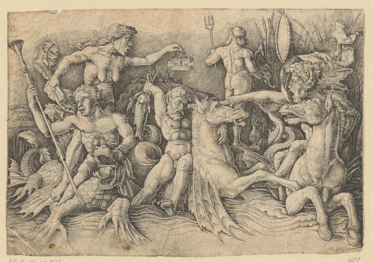 Gevecht tussen de zeegoden by Unknown, print, 1505-1536