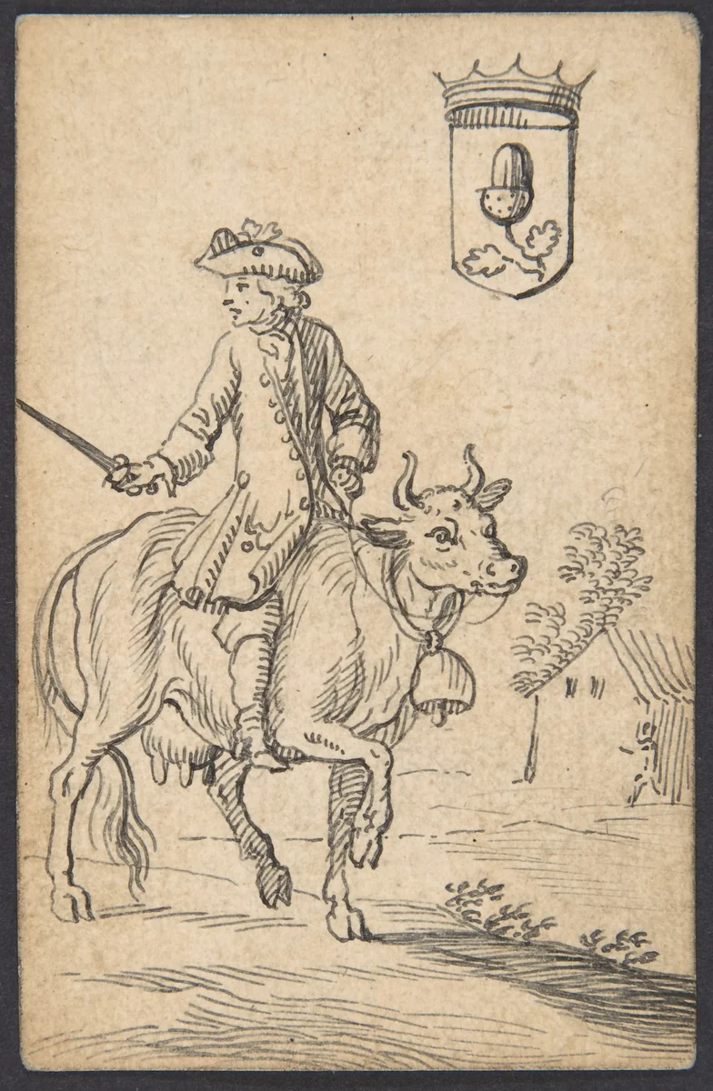 Acorn King: A Man Astride a Cow by Johannes Brandenberg, drawing, 1712-1730