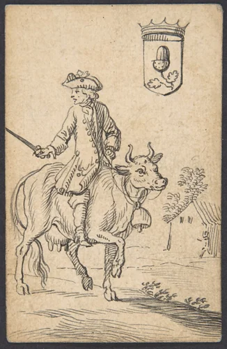 Acorn King: A Man Astride a Cow by Johannes Brandenberg, drawing, 1712-1730