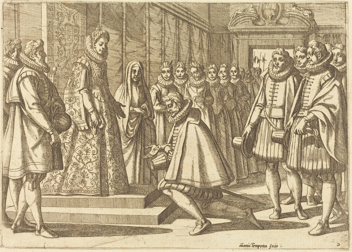 Philip of Spain Before Margaret of Austria by Antonio Tempesta, print, 1612