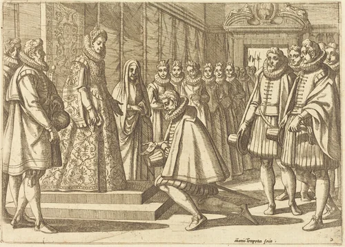 Philip of Spain Before Margaret of Austria by Antonio Tempesta, print, 1612