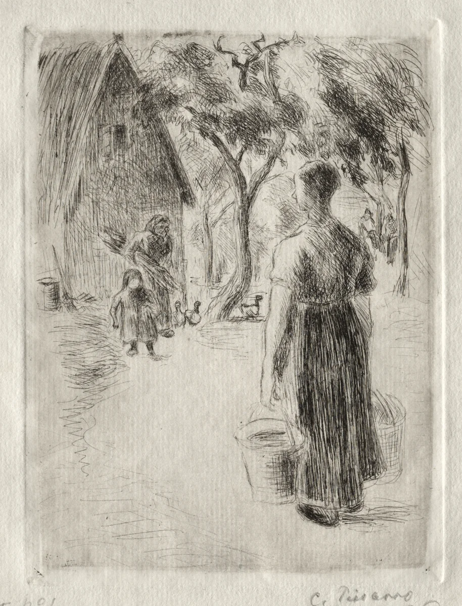 Peasant Woman Carrying Buckets by Camille Pissarro, print, 1889