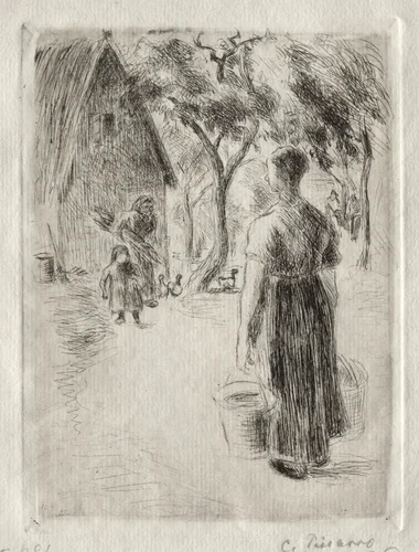Peasant Woman Carrying Buckets by Camille Pissarro, print, 1889