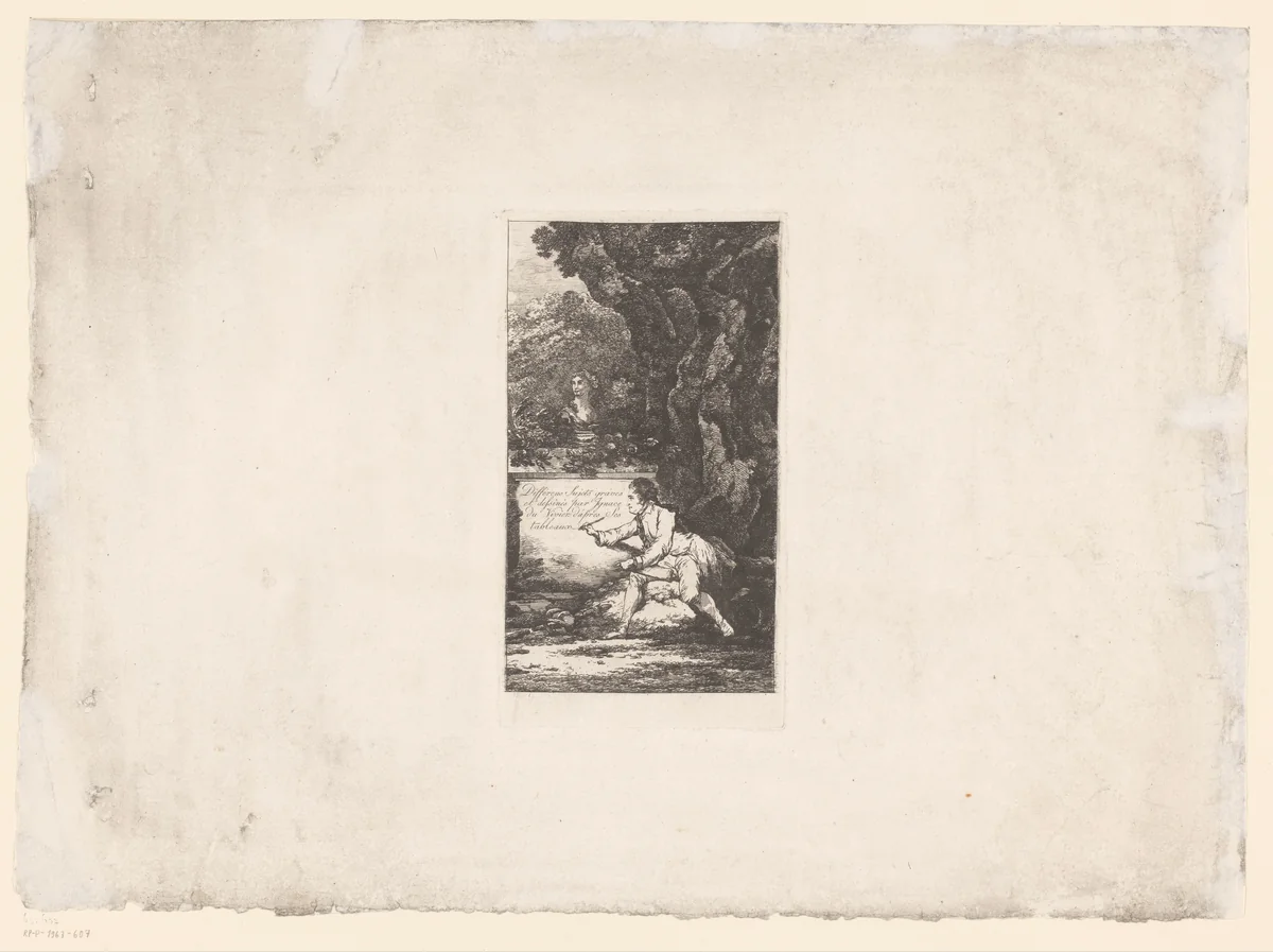 Titelprent met schrijvende man aan een buste by anonymous, print, 1793-1832