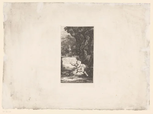 Titelprent met schrijvende man aan een buste by anonymous, print, 1793-1832