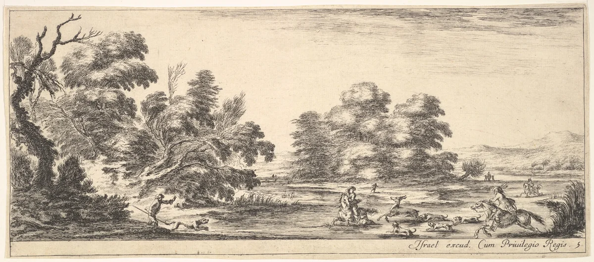 Plate 5: two horsemen in a stream to right, riding towards the left, following four dogs chasing a stag, another dog running into the water from the left, from "Various Landscapes" (Divers Paysages) by Stefano della Bella, print, 1636-1646
