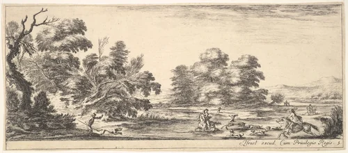 Plate 5: two horsemen in a stream to right, riding towards the left, following four dogs chasing a stag, another dog running into the water from the left, from "Various Landscapes" (Divers Paysages) by Stefano della Bella, print, 1636-1646