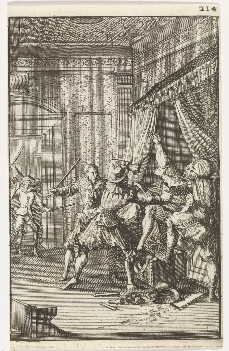Beernt Proys, burgemeester van Utrecht, wordt in zijn bed vermoord, 1425 by Caspar Luyken, print, 1700