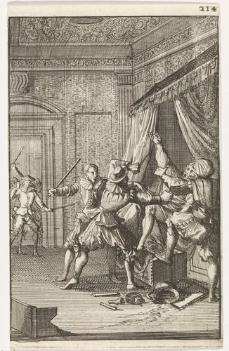 Beernt Proys, burgemeester van Utrecht, wordt in zijn bed vermoord, 1425 by Caspar Luyken, print, 1700