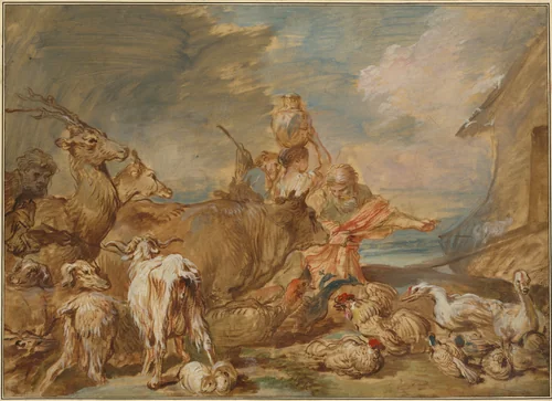 Noah Leading the Animals into the Ark by Giovanni Benedetto Castiglione, drawing, 1640-1650
