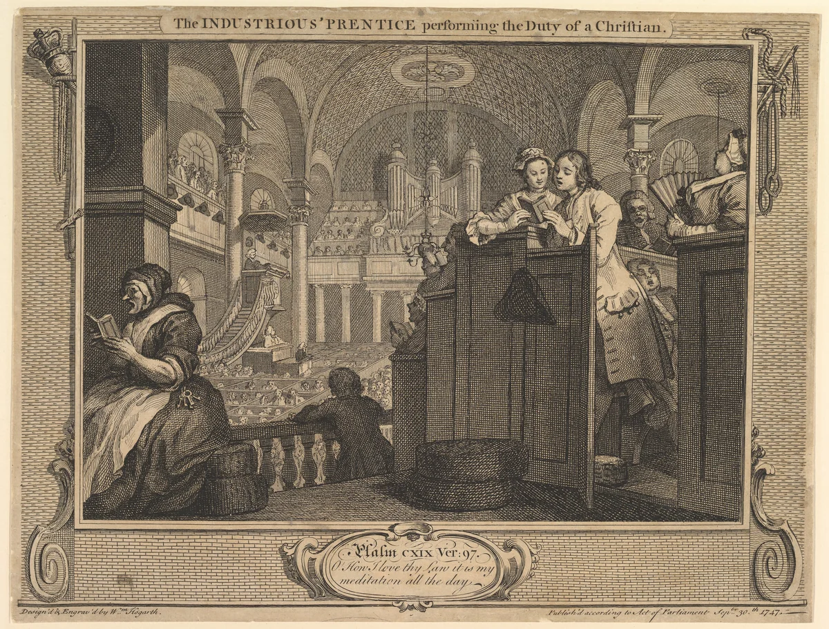 The Industrious 'Prentice Performing the Duty of a Christian: Industry and Idleness, plate 2 by William Hogarth, print, 1747
