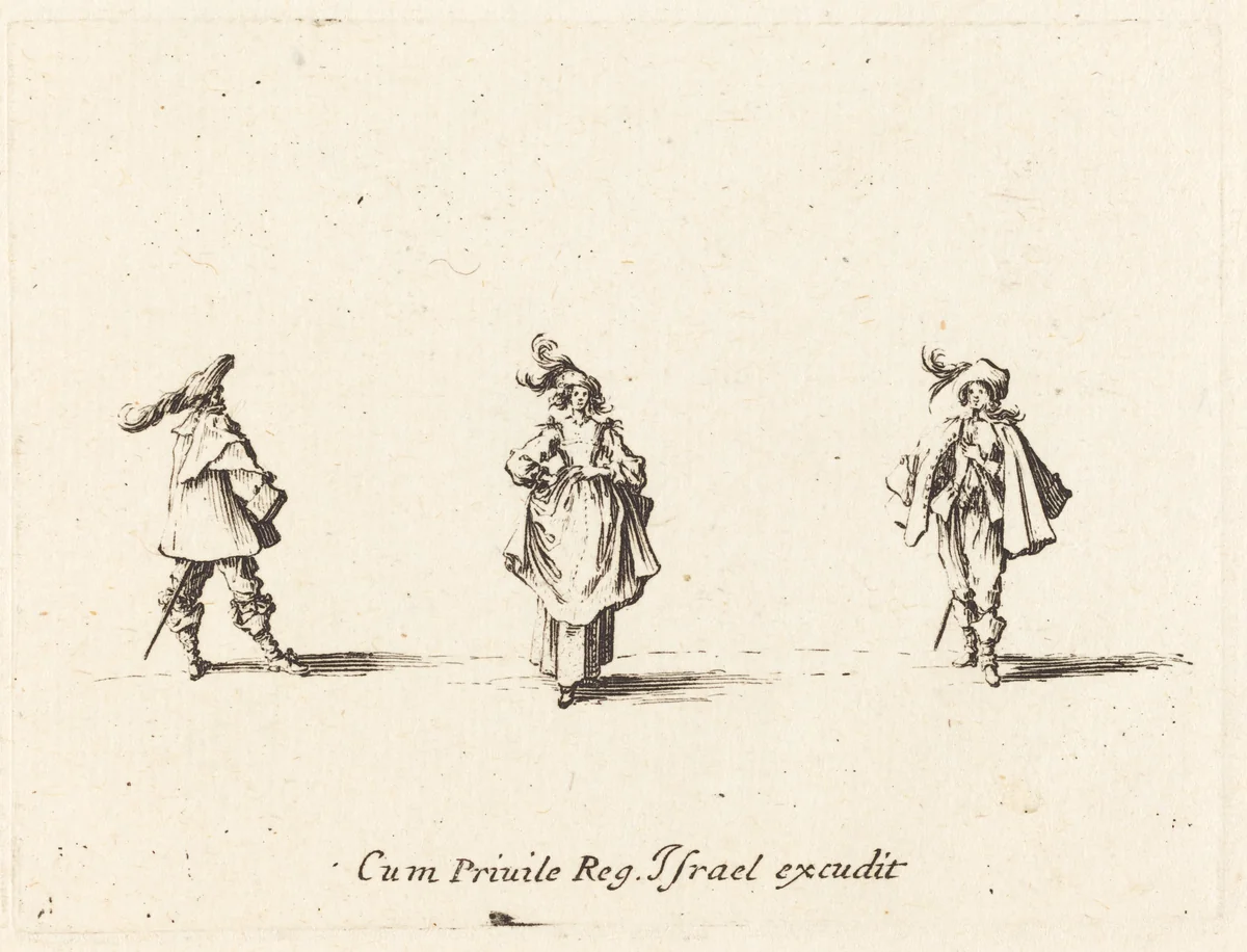 Lady with Plumes, and Two Gentlemen by Jacques Callot, print, 1628-1638