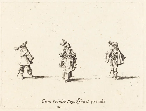 Lady with Plumes, and Two Gentlemen by Jacques Callot, print, 1628-1638