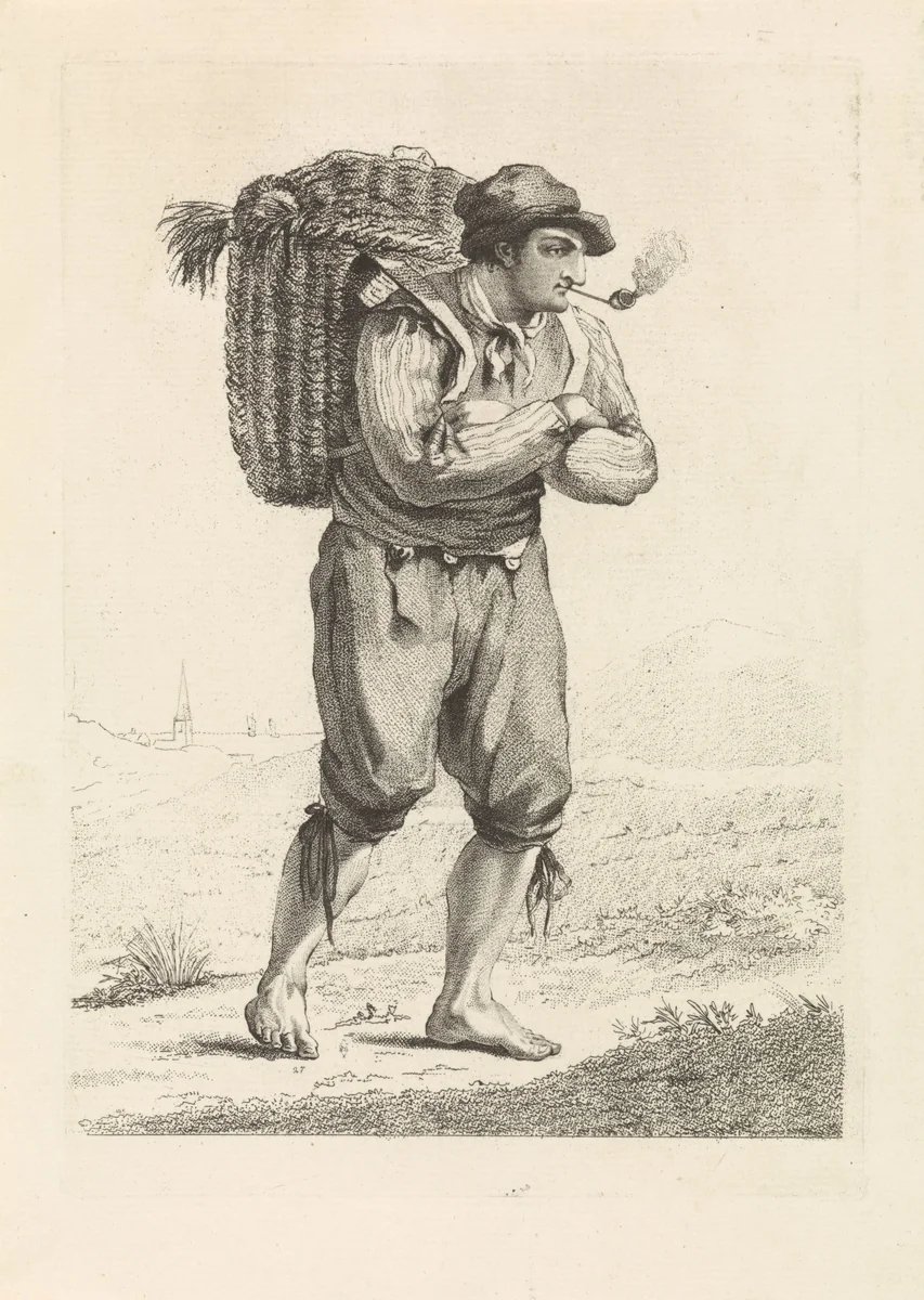 Pijprokende man met mand op de rug by Mathias de Sallieth, print, 1772-1791