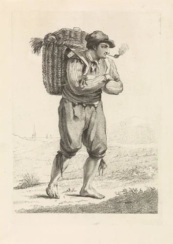 Pijprokende man met mand op de rug by Mathias de Sallieth, print, 1772-1791