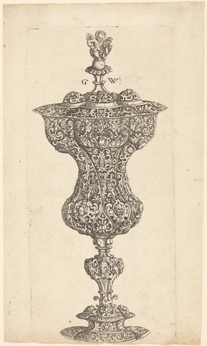 Goblet with Putto on lid by Georg Wechter, print, 1579
