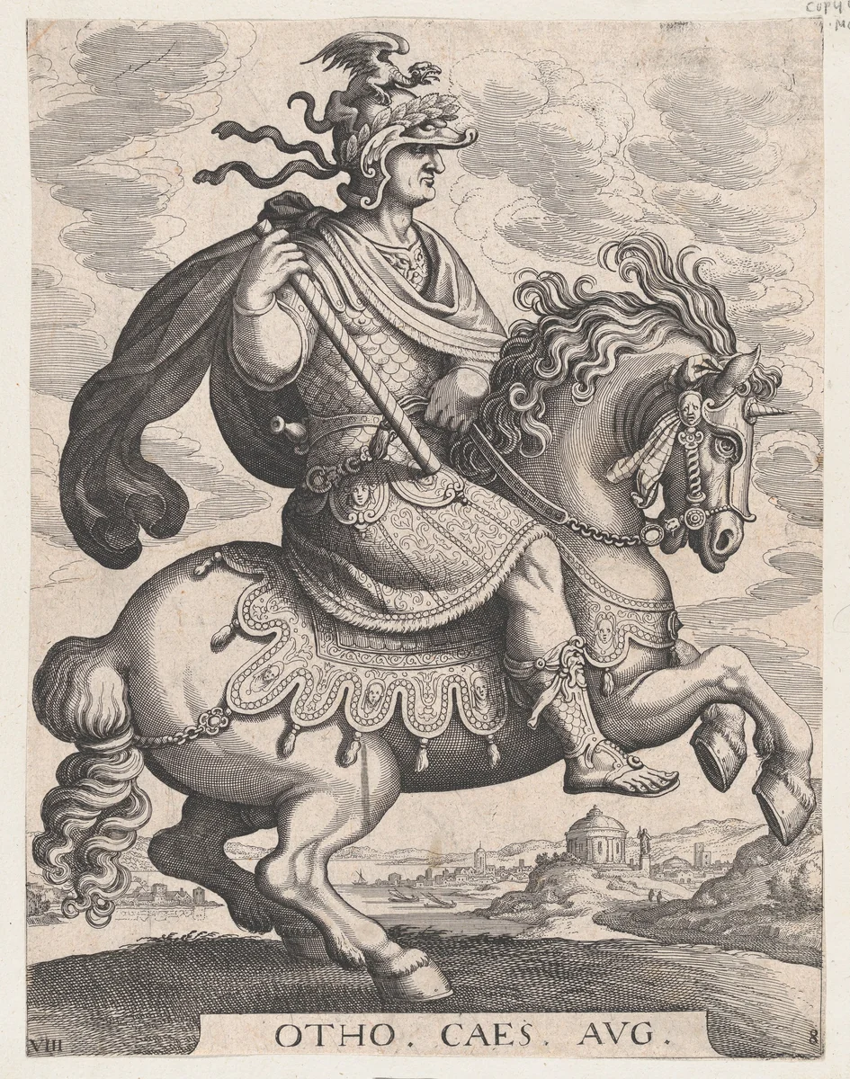 Plate 8: Emperor Otho on Horseback, from 'The First Twelve Roman Caesars', after Tempesta by Matthäus Merian, print, 1610-1650