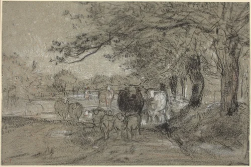 Cows and Sheep under Trees by Constant Troyon, drawing, 1845-1855