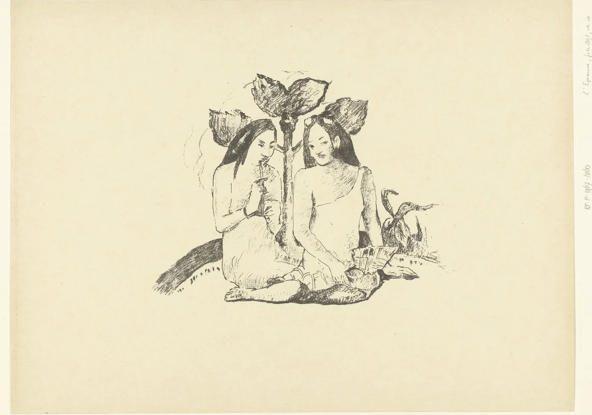 Twee zittende Maori vrouwen by Paul Gauguin, print, 1894-1895
