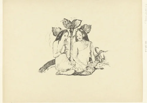 Twee zittende Maori vrouwen by Paul Gauguin, print, 1894-1895