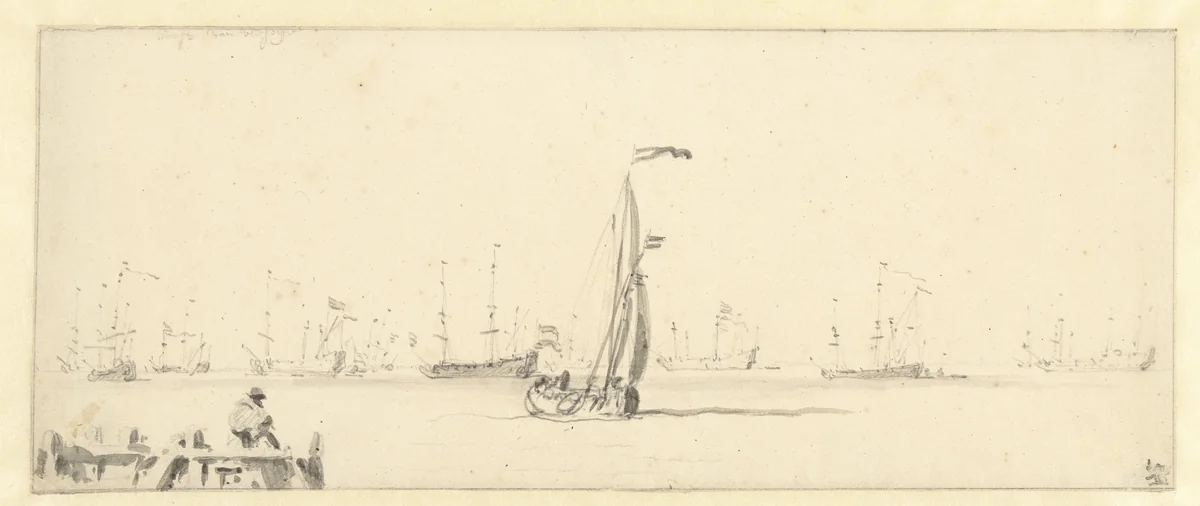 Oorlogsschepen op de rede van Vlissingen by Willem van de Velde, drawing, 1643-1707